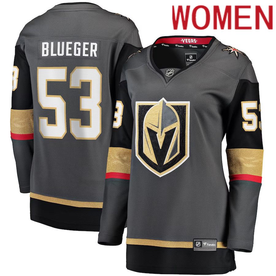 Women Vegas Golden Knights 53 Teddy Blueger Fanatics Branded Gray Home Breakaway NHL Jersey